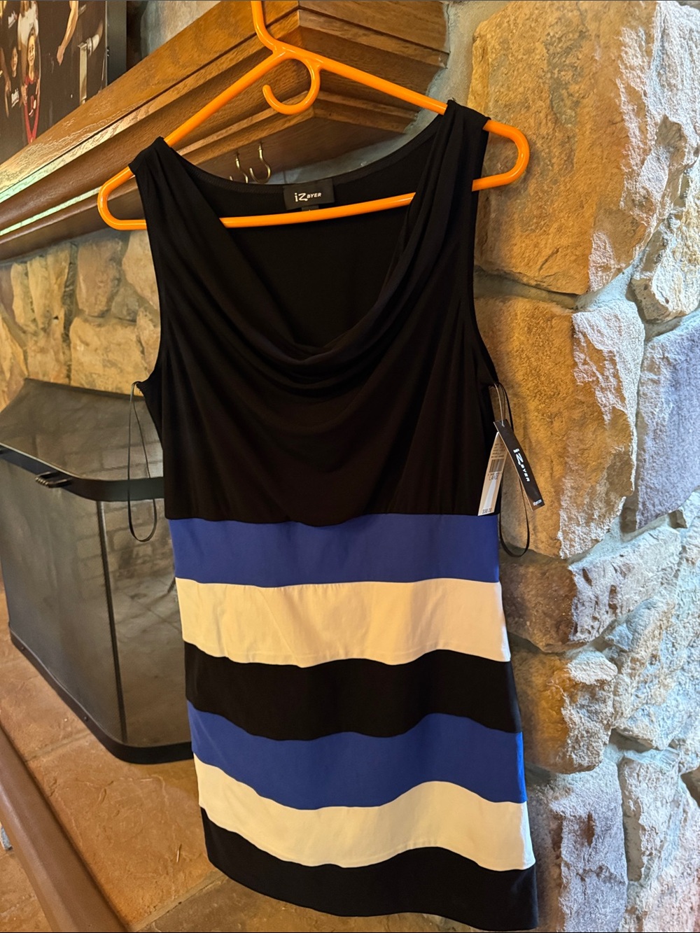 Iz Byer Black, Blue & White Striped Draped Neck Tank